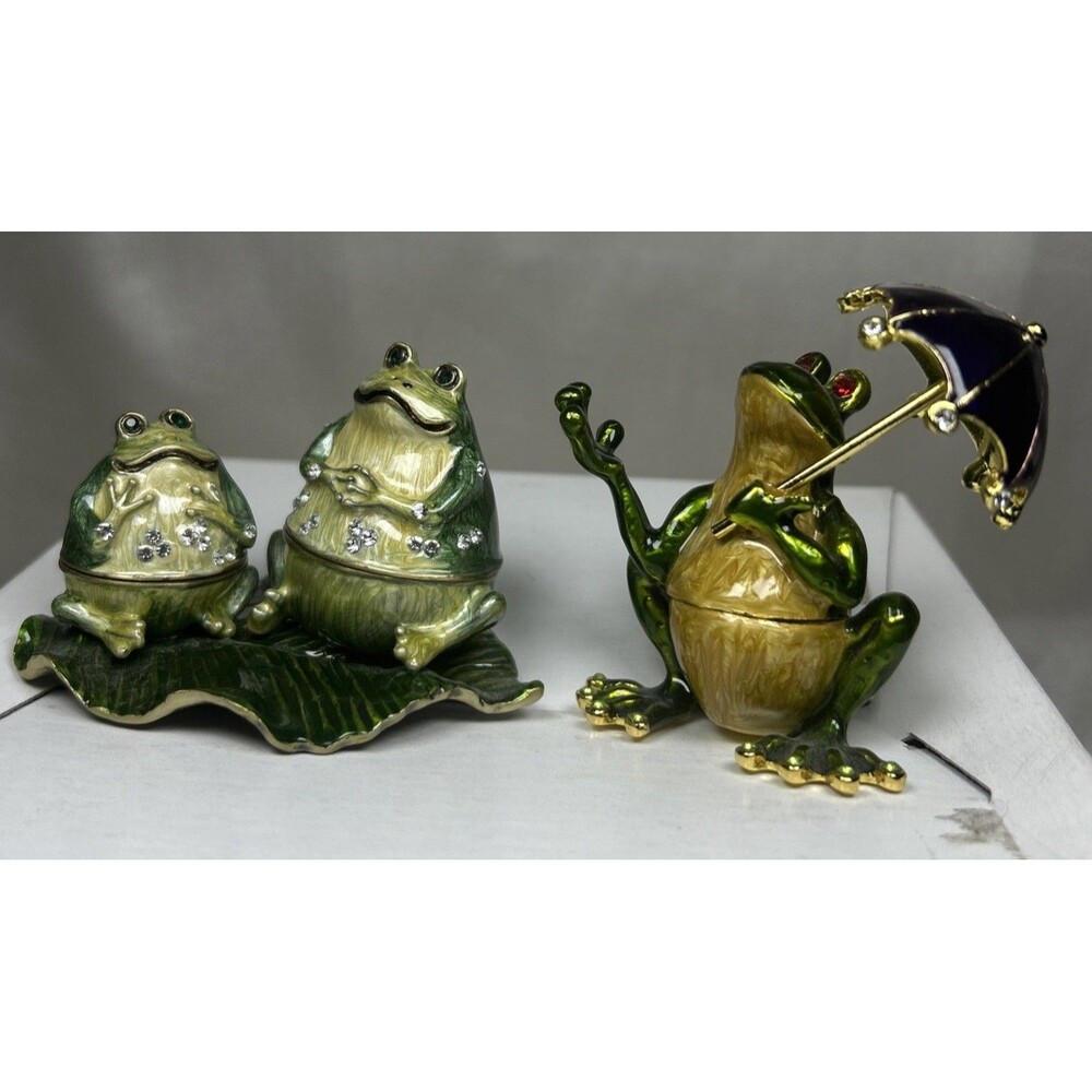 Vintage Enameled Frog Trinket Box Set - Umbrella & Lily Pad (2 Pcs)
